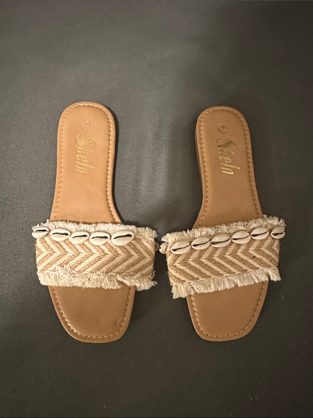 SHEIN Natural Beige Shell-Trim Slide Sandals